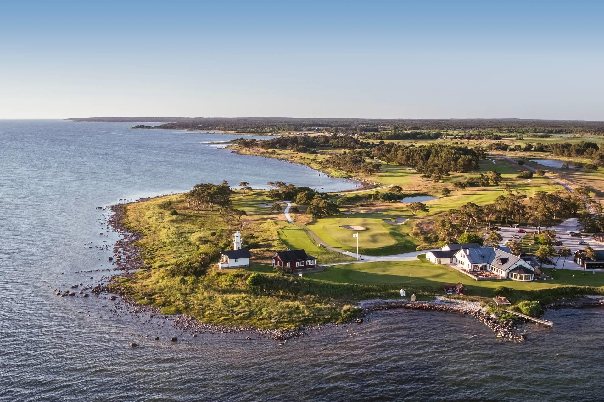 Aerial view over Visby Golf Club on a sunny day
