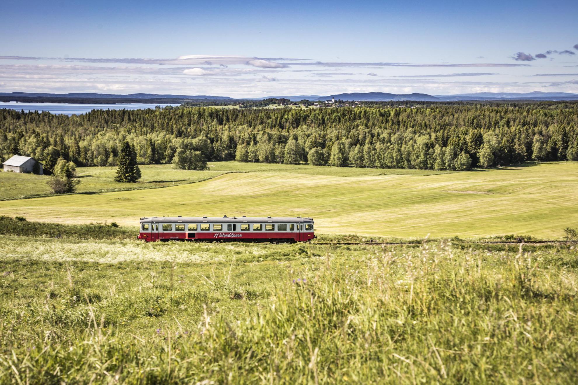 A train passing through a landscape of fields, forests, water and mountains.