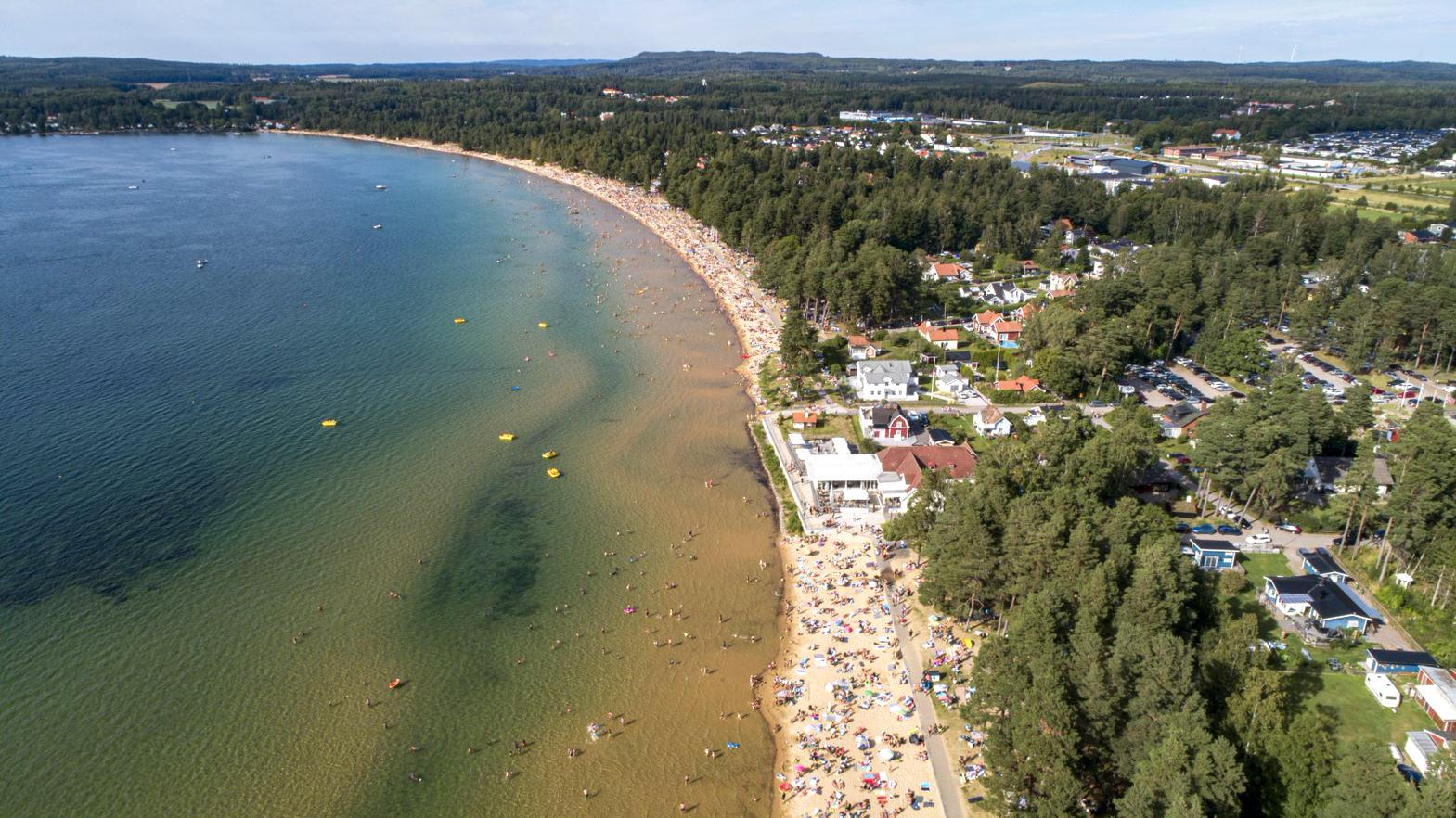 Aerial view of the beach at Varamobaden in Lake Vättern.
